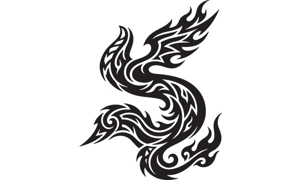 Dragon tattoo logo with tribal flames and swirling linework, black ink style on white background featuring mythical beast, fire icon, emblem with
