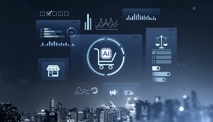 Naklejka premium AI-powered ecommerce interface with futuristic digital icons, analytics panels and city skyline visuals illustrating advanced modern business technology concept.