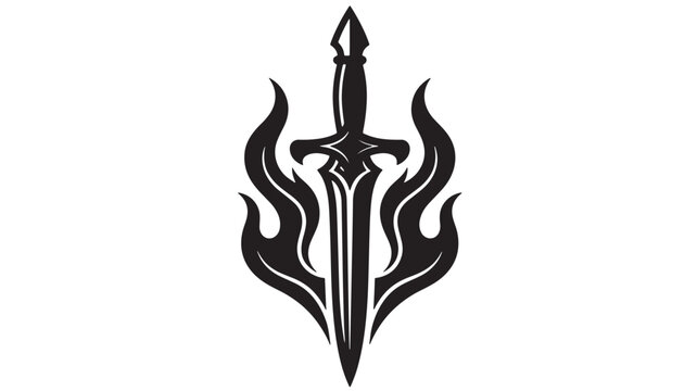 Candle flame emblem with black knight sword and decorative skull hand drawn tattoo style symbol featuring logo, illustration, tribal with flames and