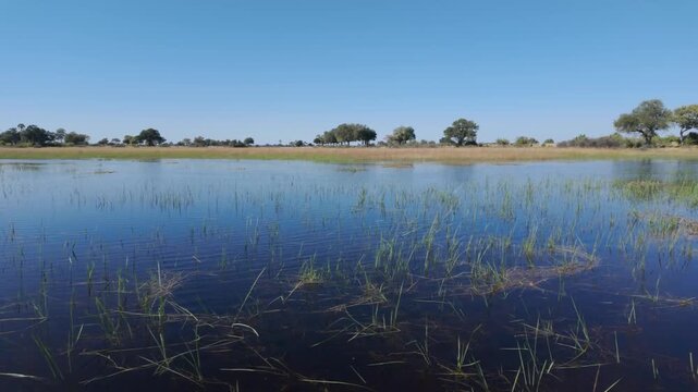 4k 30fps footage floating across the sapphire blue waters of the Okavango Delta in Botswana, revealing pristine African wetlands, distant vegetation and untouched safari wilderness.