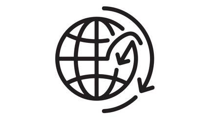 Globe with arrow clockwise icon in clean black line art style for web, app, and commerce messaging featuring world, map, international with © Farjana