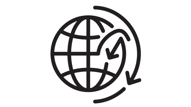 Globe with arrow clockwise icon in clean black line art style for web, app, and commerce messaging featuring world, map, international with