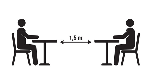 Table seating distance icon with 1,5 m measurement arrow between two people in silhouette style featuring social distancing, 1, 5 m with safety and