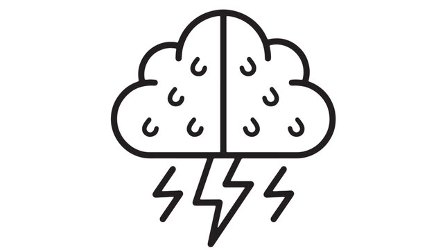 Storm cloud icon with raindrops and lightning bolts, simple line art style for weather alert and forecast graphics