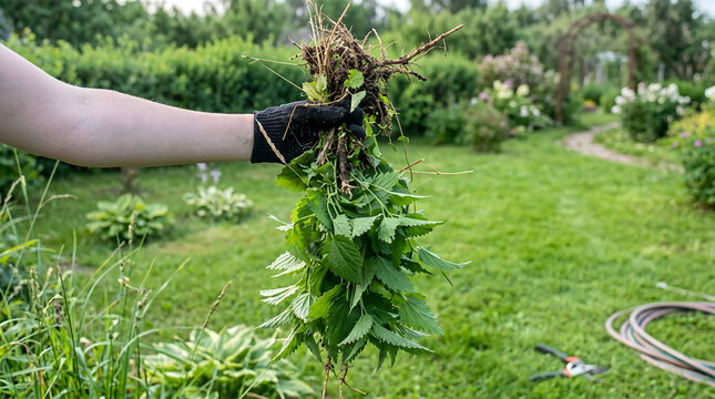 Gardener pulling weeds with satisfaction in lush green garden