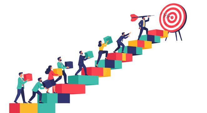 Business team building colorful stairs toward a target goal