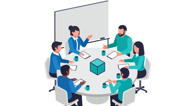 Business team sitting around round table for office meeting