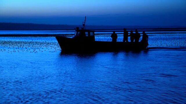 Calm Water With Fishing Boat. Still Evening Scene Featuring Fishermen Preparing Nets On Silhouette Boat