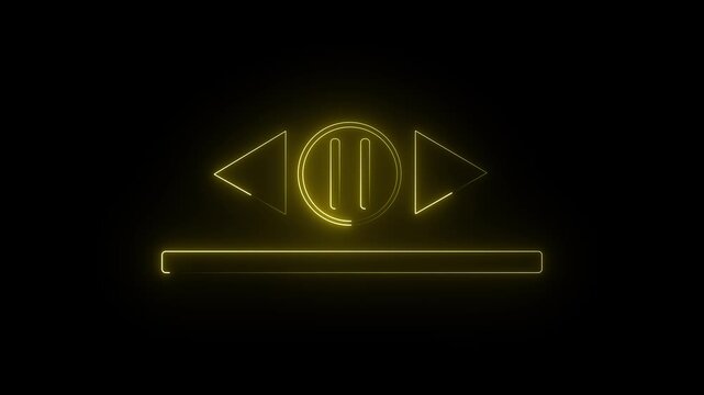 Neon video, audio play baton icon on black background.  Glowing neon white color play baton icon animation.