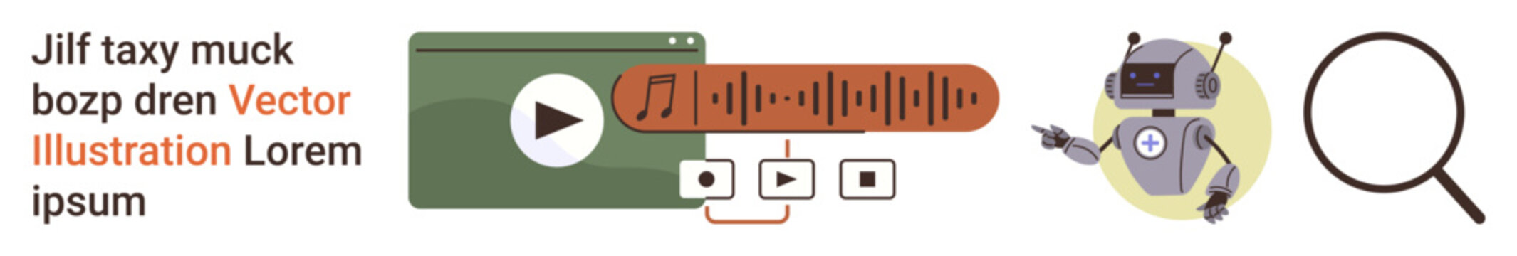 Digital learning, media tools, technology solutions, audio playback, artificial intelligence, search optimization. Play button, soundwave robot magnifying glass. Media tools and technology
