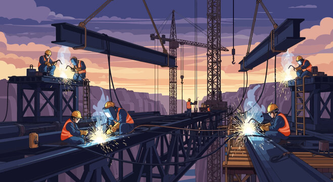 Industrial Construction Site with Welders and Cranes at Sunset