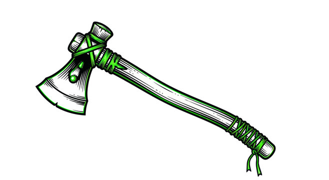 Vintage Tomahawk Axe with Green Rustic Wrap - Native American Weapon Illustration