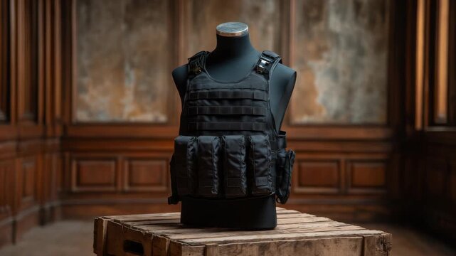 High-Quality Tactical Bulletproof Vest Display on Mannequin in Elegant Interior