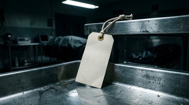 Blank tag hangs in morgue autopsy room