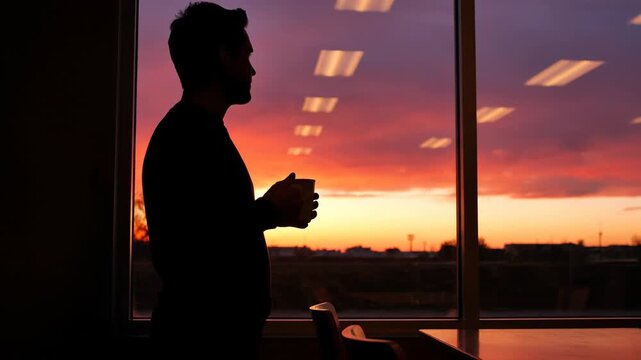 Silhouette of a man drinking coffee while looking out the office window at sunset.