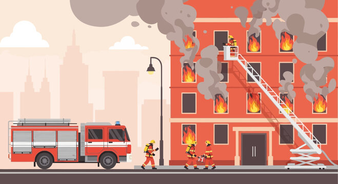 Firefighters Extinguishing a Burning City Building Flat Illustration