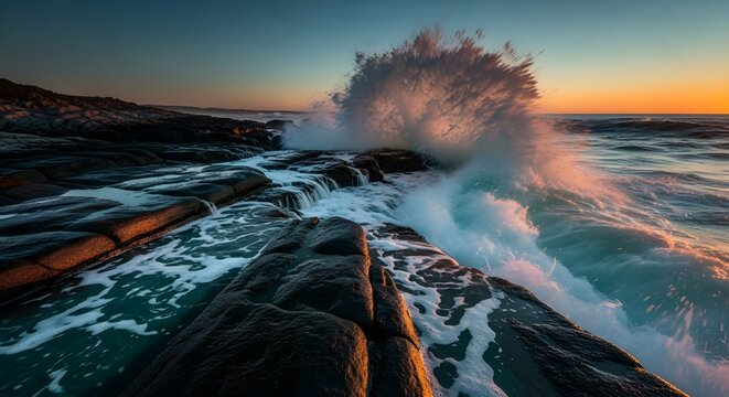 Dramatic Sunset Waves Crashing Over Dark Coastal Rocks