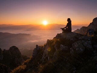 Obraz premium Meditation Silhouette on Mountain Peak During Sunrise, Spiritual Awakening and Cinematic Nature Concept