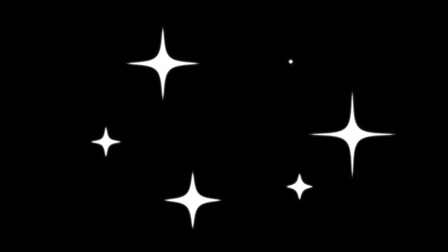 Twinkling stars animation,white cartoon, flat, vector, doodles style stars. blinking light effect looping 4k Animation twinkling,night sky. black background.