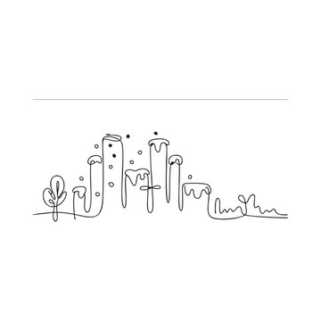 City skyline line art with snow on rooftops and decorative dots on transparent background.