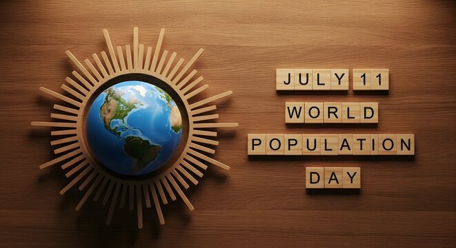 World population day concept with a globe surrounded by wooden sun rays and wooden letter tiles on a wooden background