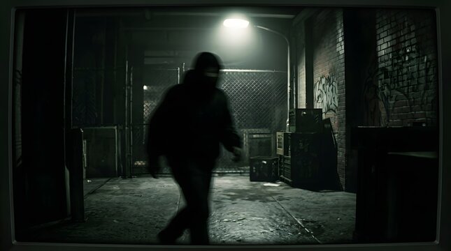Person in mask walking in dark alley at night