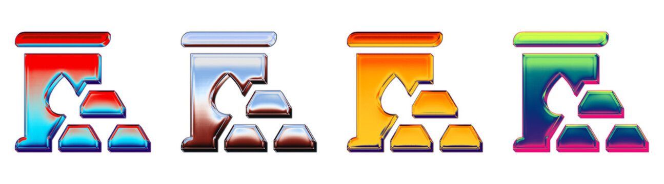 Set of 3D metallic commodity icon isolated on transparent background, symbols for Finance banking investment and money management. Glossy reflective surface detail.