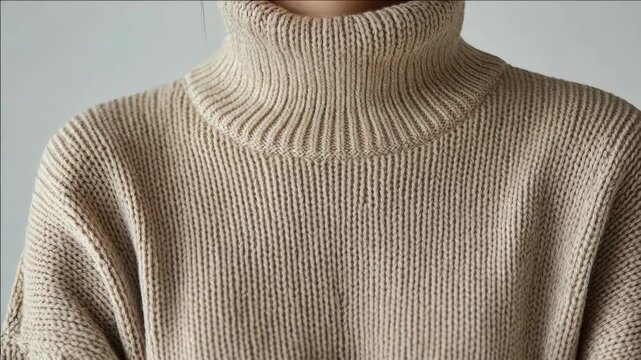 Soft beige turtleneck sweater close-up. Fine knit texture visible in detail. Neutral background emphasizes garment. Minimalist style for fashion or lifestyle use