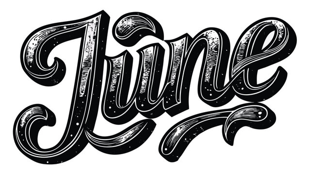 June typography logo design with vintage grunge texture and decorative script.
