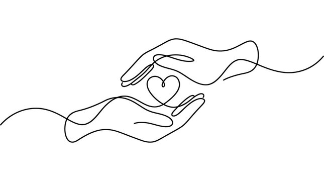 Symbolic continuous line drawing of caring hands cradling a heart, embodying the universal concept of compassion, support, and profound human connection