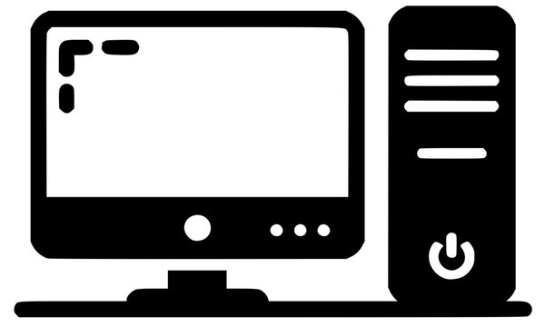 Black Silhouette Icon of a Desktop Computer with Monitor and Tower PC Unit Showing Terminal Interface, Perfect for Technology, IT, Programming, and Cybersecurity Design