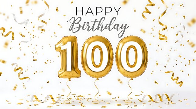 Golden 100th birthday celebration, happy birthday banner, shiny gold balloons, festive party decoration