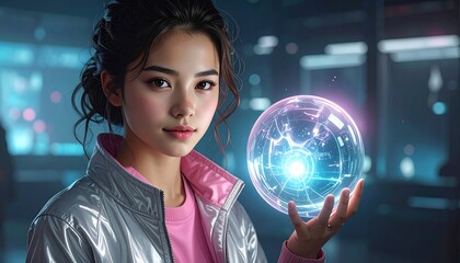 Naklejka premium A young girl holds a glowing crystal ball