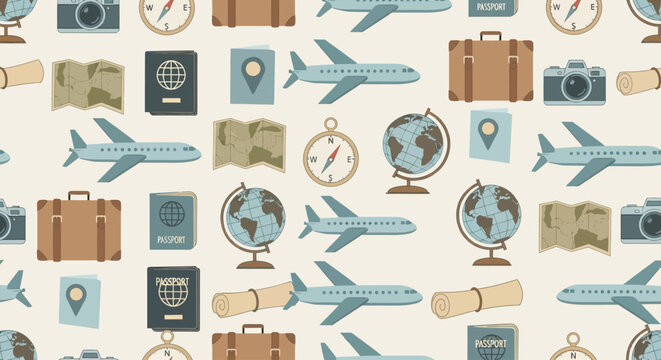 Seamless travel pattern with airplanes, passports, maps, and globes on a beige background.