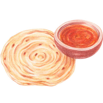 Layered Parotta Indian Flatbread with Curry, Flatbread Watercolor Painting