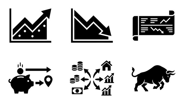 6 Finance silhouette icons bull market growth chart piggy bank, solid black style, business investment set