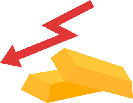 Gold bars price drop concept. Red descending trend arrow and stack of gold bars.
