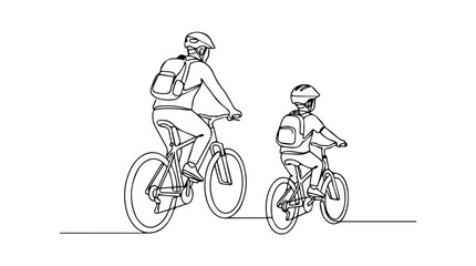 Obraz premium Vector line art of father and child riding bicycles with backpacks, minimalist continuous drawing symbolizing adventure, learning, and family bonding