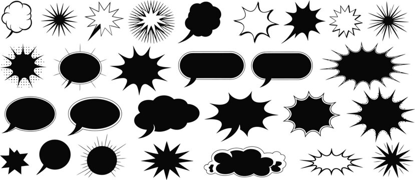Comic Burst Explosion Vector Set Featuring Black Silhouette Boom Elements, Speech Bubbles and Dynamic Action Shapes, Ideal for Pop Art, Retro Style and Comic Design Illustrations											Generate ex