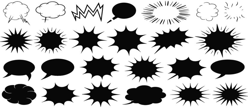 Comic Burst Explosion Vector Set Featuring Black Silhouette Boom Elements, Speech Bubbles and Dynamic Action Shapes, Ideal for Pop Art, Retro Style and Comic Design Illustrations											Generate ex
