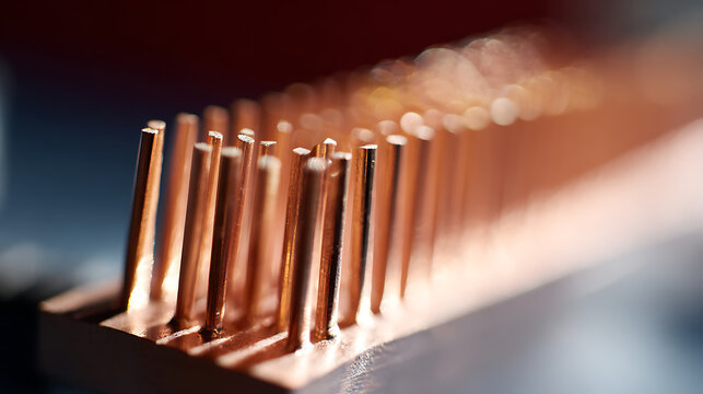 Macro view of a copper heatsink with pins, technology component for heat dissipation, abstract detail of metal structure on electronic board