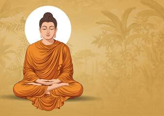 Buddha Purnima festival background with Gautam Buddha meditating ,  vector illustration for Vesak day or Buddha Purnima. © ganesh_502