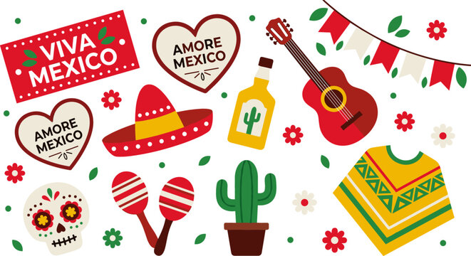 Colorful Flat Style Viva Mexico Sticker Set with Sombrero, Guitar, Sugar Skull, Cactus, Poncho, Tequila, and Maracas for Fiesta and Festival Designs