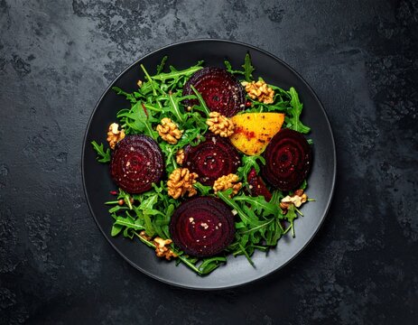 Vibrant roasted beet salad with fresh arugula, crunchy walnuts, and golden yellow beets served on a dark plate, representing healthy vegan cuisine