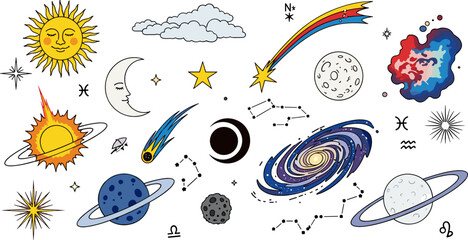 Colorful Hand Drawn Space and Celestial Element Set with Sun, Moon, Planet, Galaxy, Comet, Star, Constellation, Nebula, and Zodiac for Astronomy Designs © Lcpl