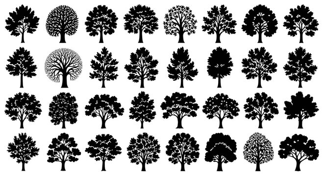 Collection of various stylized black tree silhouettes with different shapes and foliage styles.