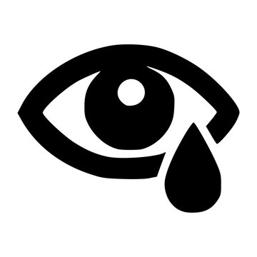 A detailed eye icon with a single falling teardrop, representing vision health, ocular moisture, emotional distress, or symptoms related to allergies and eye irritation.