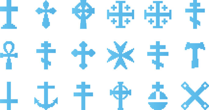 Pixel art religious cross icons featuring various styles like Celtic Ankh anchor and orthodox crosses for spirituality faith and historical symbols.