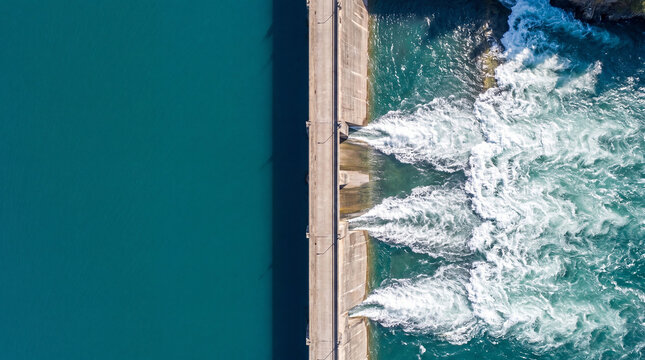 Aerial view of a hydroelectric dam with water discharge into a turquoise river.