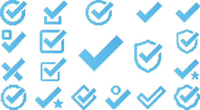 Set of blue pixel art checkmarks and tick icons for confirmation success verification and approval.